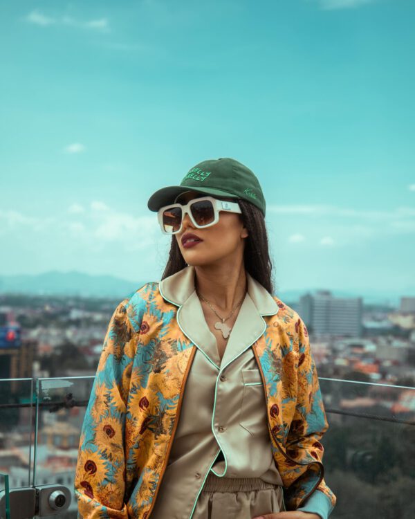 Aesthetic Floral Print Jacket Set with Cyan-Orange T-Shirt and Oversized Pants for Women